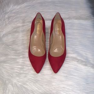 NWOB Kelly & Katie 3” red suede-like heels. Size 9